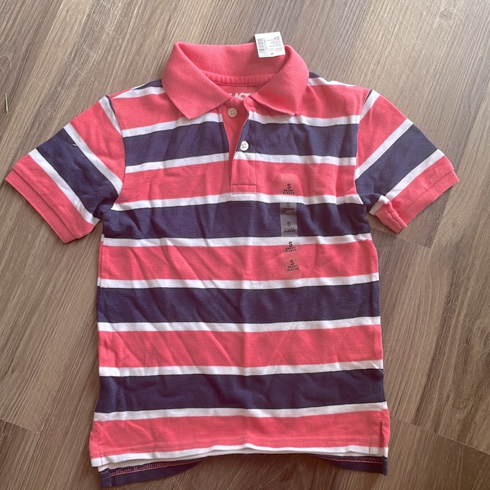 Children’s Place boy’s pink and navy blue stripe polo. Size 5/6